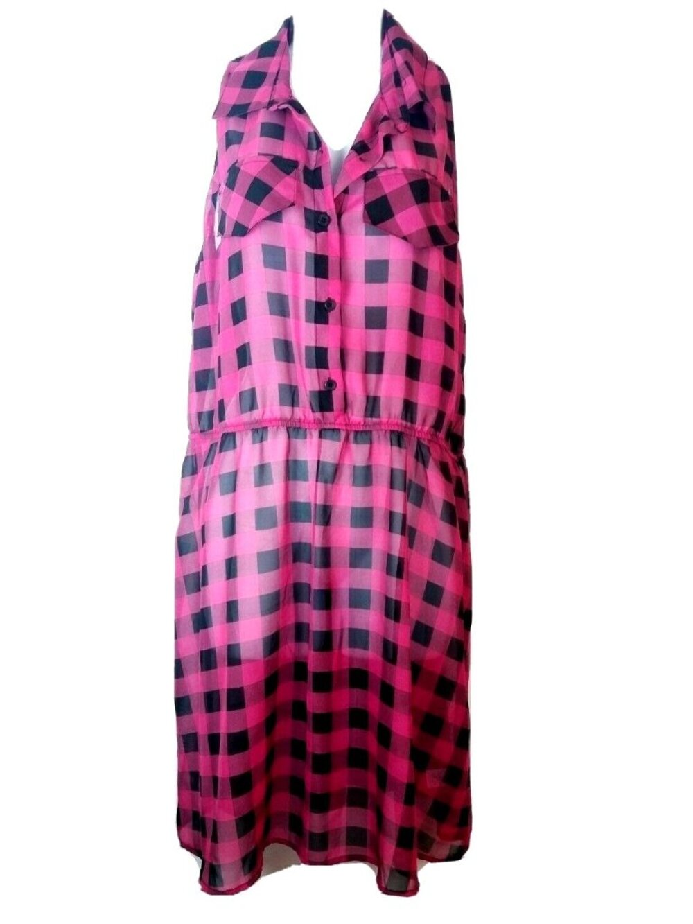 Xhilaration Sleeveless Pink Black Plaid Dress Sheer XL Beach Cover Grunge